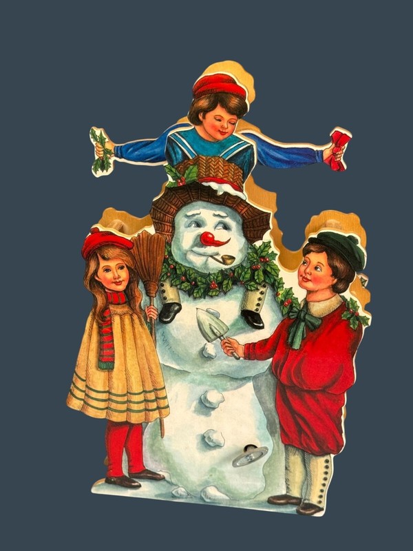 Vintage Wood Animated Musical Christmas Decoration With Snowman & Children