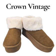 Crown Vintage Tan Faux Suede Faux Fur Lined Platform Boots Women's 9.5