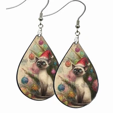Christmas Tree Siamese Cat Earrings Dangle Teardrop Wood Cat Lover Jewelry