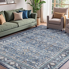 Thin Vintage Blue Area Rugs 5X7, 5 X 7 Retro Washable Rug Non Slip, Low-Pile Fau