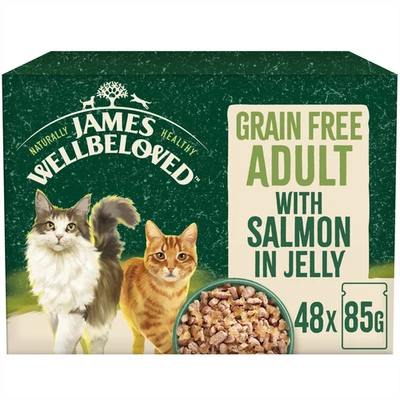 48 x 85g James Wellbeloved Grain Free Adult Wet Cat Food Pouches Salmon in Jelly