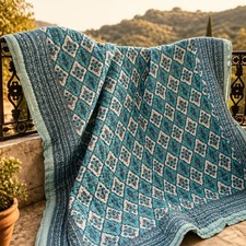Boho Handmade Cotton Quilt Comforter Floral Print Hand Block Print Blanket