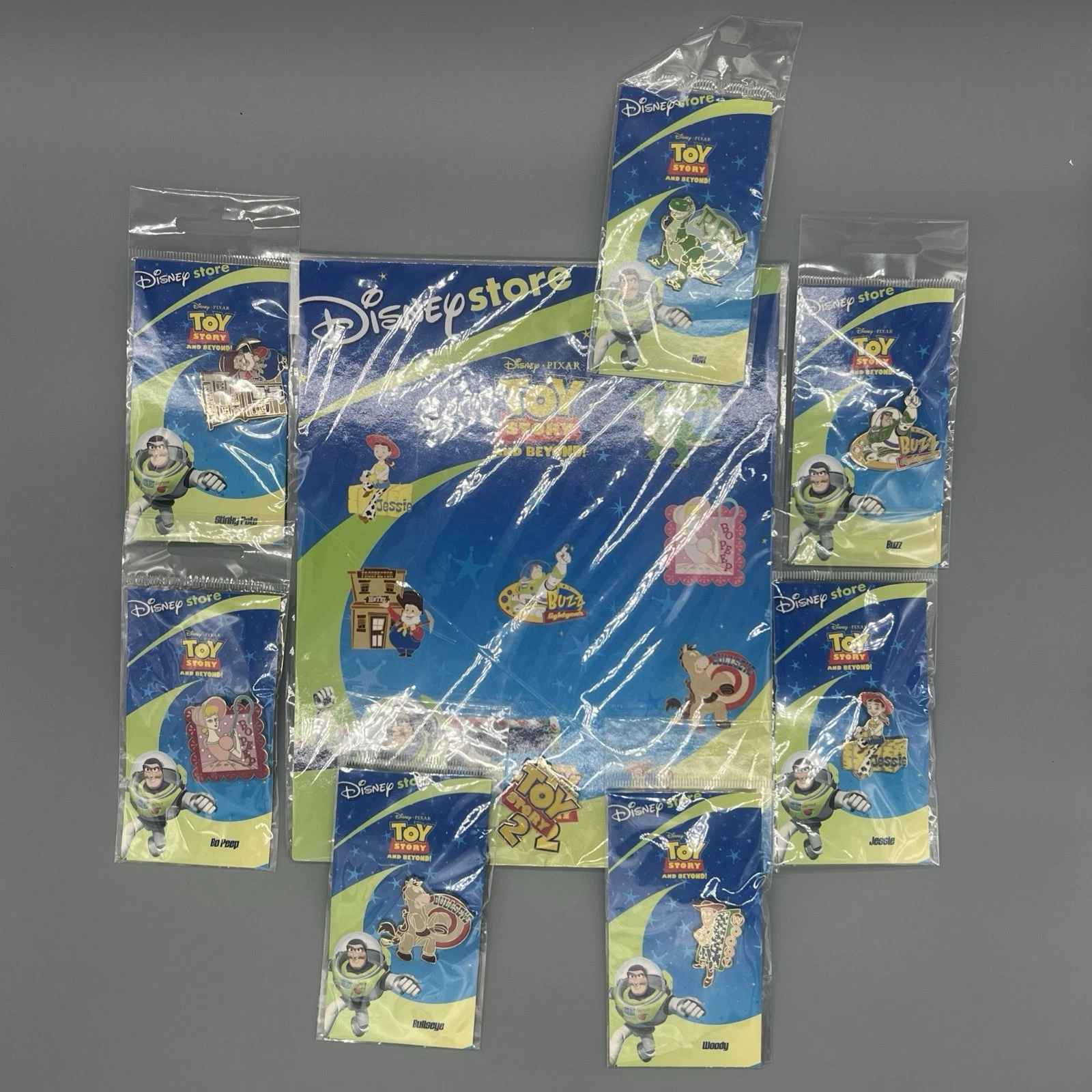 Disney Store Toy Story and Beyond 7 Pin Set Woody Stinky Pete Rex Bo Peep Jessie