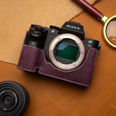 For Sony A7M2 A7II Purple Handmade Genuine Leather Half Camera Case Bag Cover