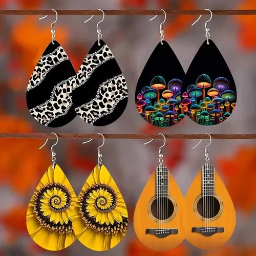 Cute Guitar Teardrop Earrings Leopard Sunflower Mushroom Printed Gift for Her