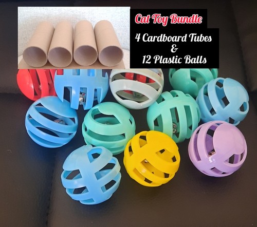 12 Cat Toy Balls w/ Bell & 4 Cardboard Tubes– Cat Toy Bundle, DIY Cat Toy Kit