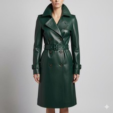 Women’s Leather Trench Coat Vintage Belted Overcoat Genuine Leather Long Jacket