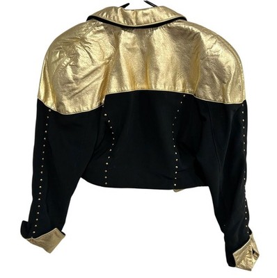 Vintage Cache Small Black Gold Genuine Leather Cropped Jacket 80s