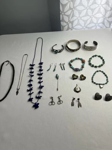VTG SOME STERLING SILVER JEWELRY LOT 17pcs FETISH NECKLACE TURQUOISE BRACELET
