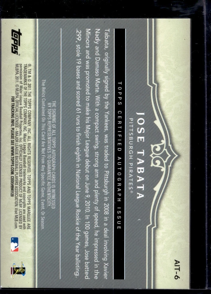 2011 Topps Marquee Acclaimed Impressions Triple Relic Auto Jose Tabata #AIT-6 - Image 2 of 2