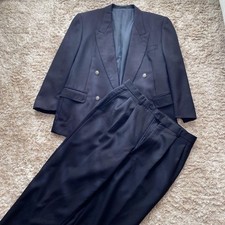 Yves Saint Laurent Double Breasted Suit Set Navy Wool Logo Buttons Japan