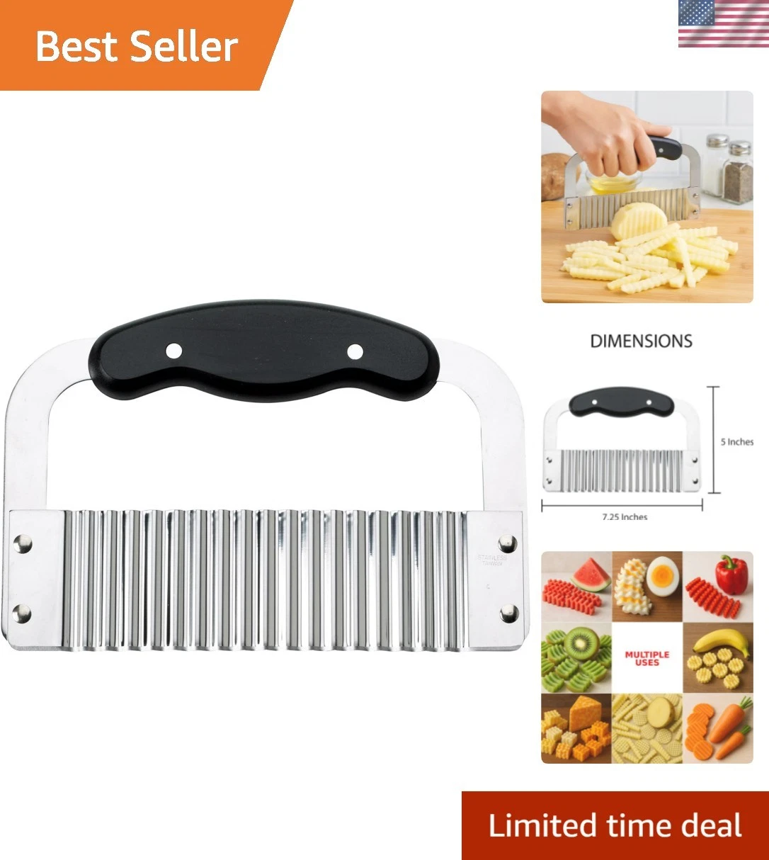 Crinkle-Cut Wave Slicer French Fry Vegetable Cutter, Stainless Steel Blade, F...