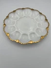 Vintage Anchor Hocking Fire King Milk Glass Deviled Egg Plate Gold Trim 9 3/4"