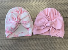 Baby Girl 2 Piece Pink/White  Pink Textured Turban Hat With Front Bow Accents