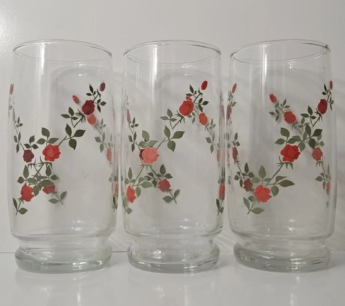 Vintage Anchor Hocking Climbing Red Roses Glasses 3 Tumblers