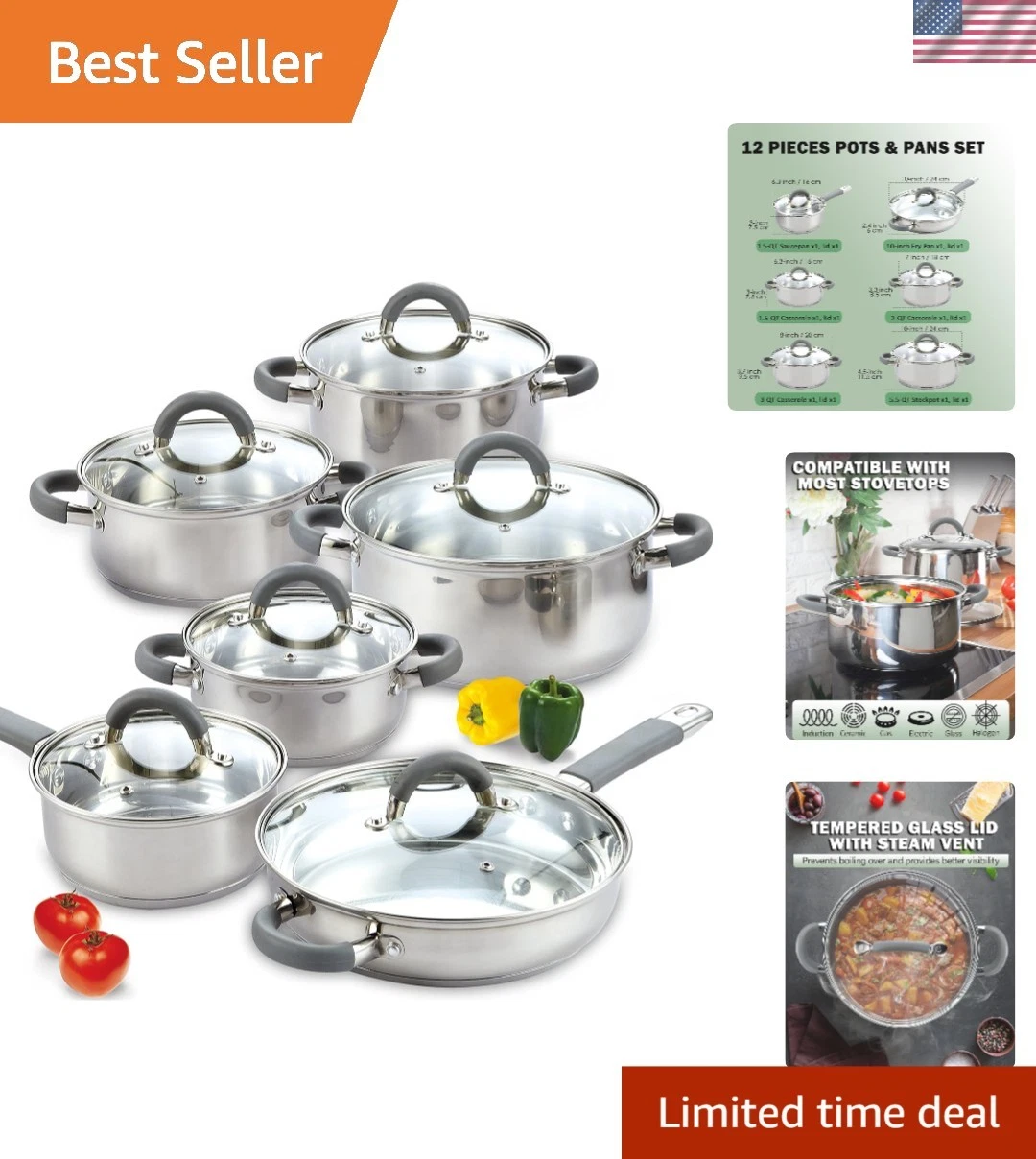 Elegant 12-Piece Stainless Steel Cookware Set, Induction-Ready & Dishwasher Safe