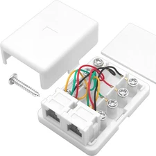 White Dual Port Phone Jack, 2 Line, Surface Mount, 8 Terminals to 2x RJ11 6P4C