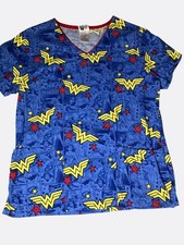 Wonder Woman Scrub Top V-Neck 100 Cotton S/CH Blue Yellow Red Comic Book Print