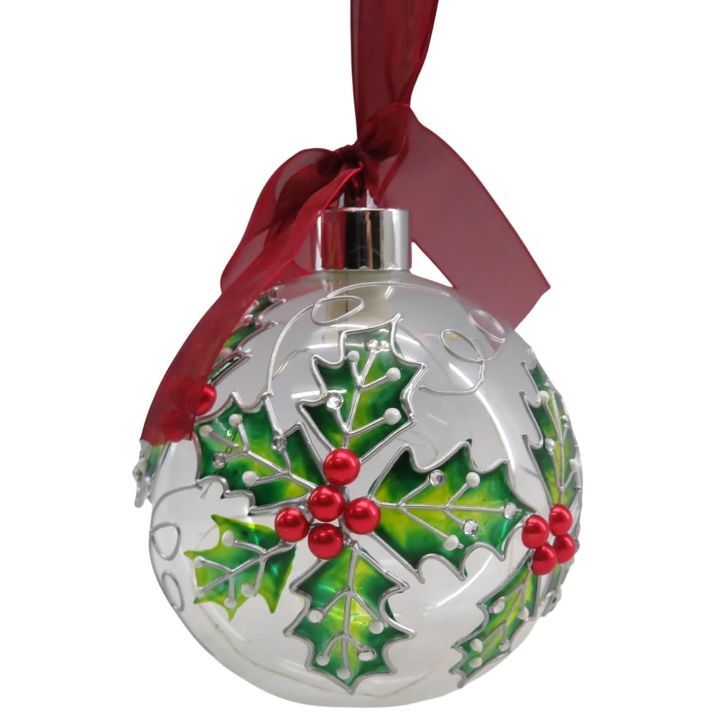 Shudehill Giftware Christmas Holly Crackle Glass LED Bauble Decoration