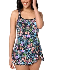 Gottex Scoop Neck Swim Dress w/ Ruffled Slit Hem Black Floral