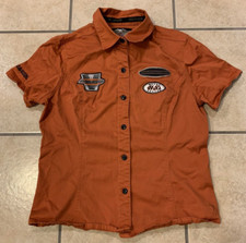 Womens Medium Harley Davidson Orange Short Sleeve Buttoned Mechanic Garage Shirt