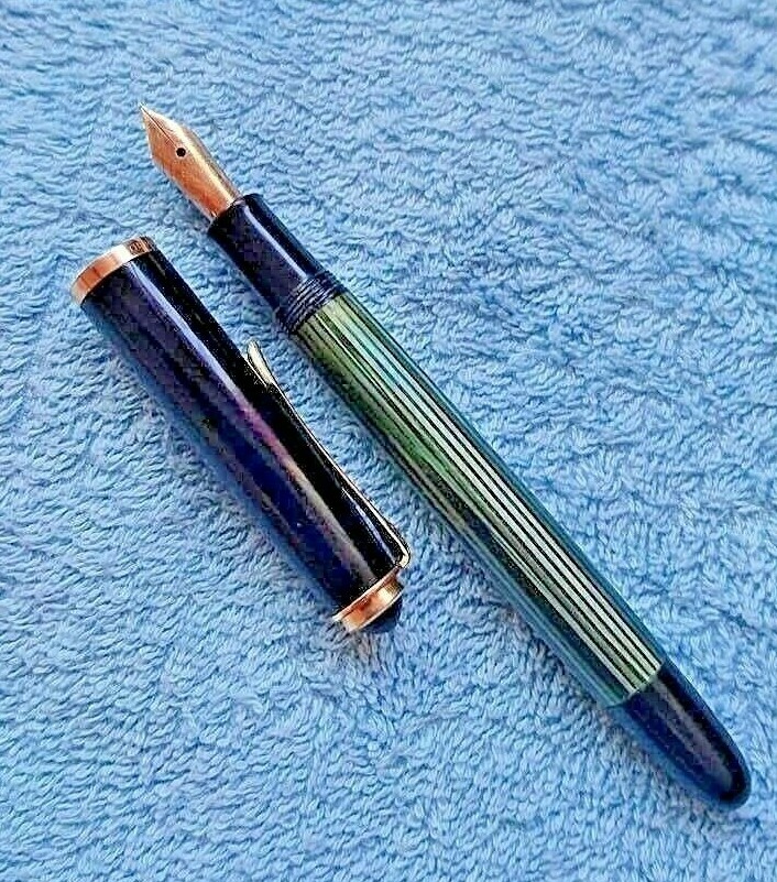 🔴PELIKAN 400NN Black Green Striped Fountain Pen 14 K Gold 585 F
