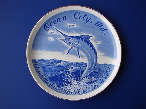 Vintage 1970's Blue & White Decorative Souvenir Plate Ocean City Maryland Marlin