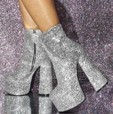 High Chunky Heel Silver Glitter Sequin Platform Womens Zipper Ankle Boots Shoes