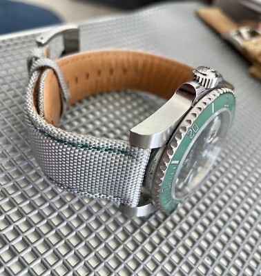 22mm SILVER Sailcloth Canvas/Leather watch band strap GREEN Stitch