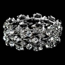 Stretch Arm Bracelet Silver Rhinestone Crystal Bracelet Floral Leaf Vine Design