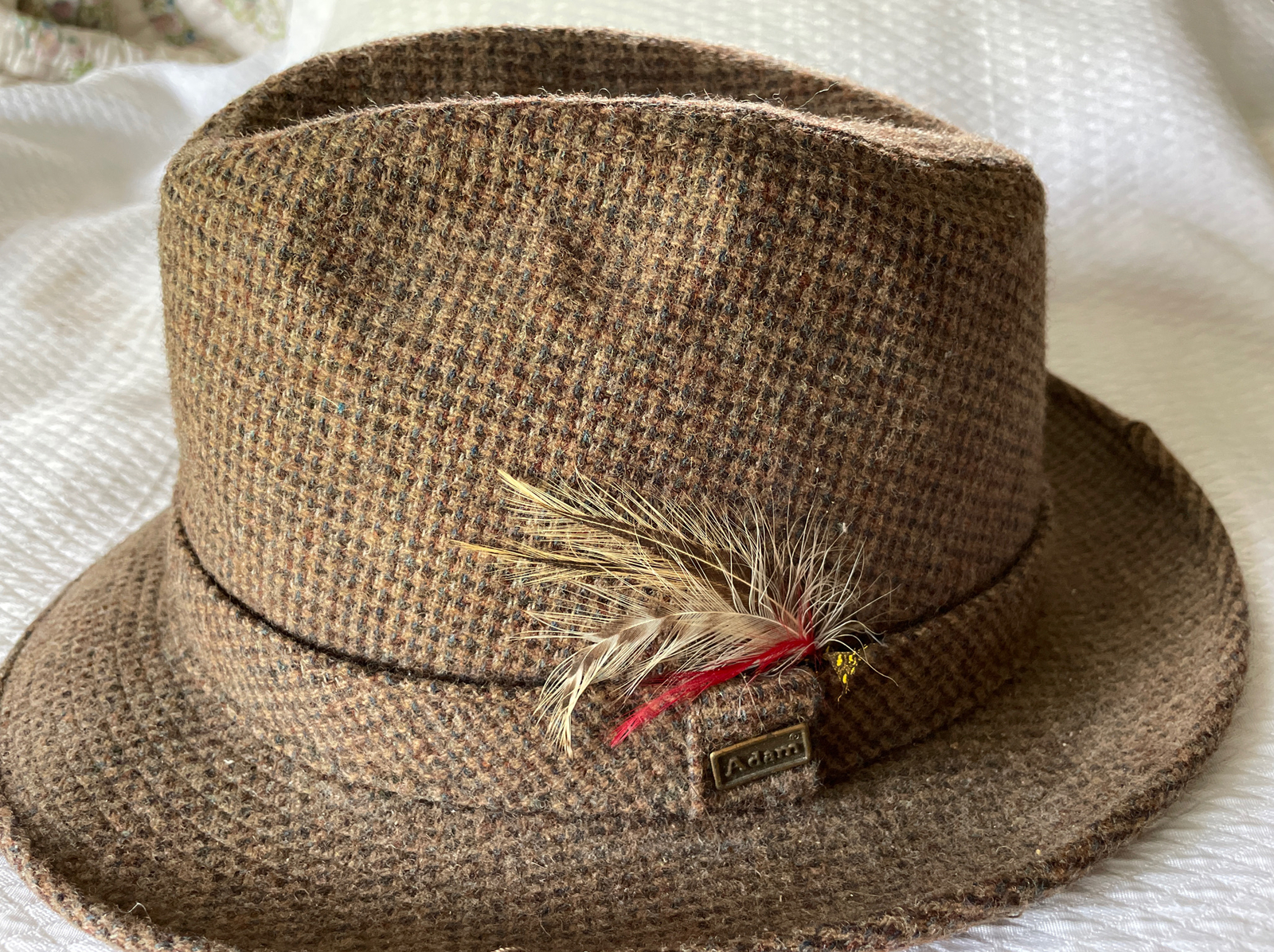 Vintage Brown Wool Tweed Fedora Hat for Men by Adam New York Size Large with Feather-image