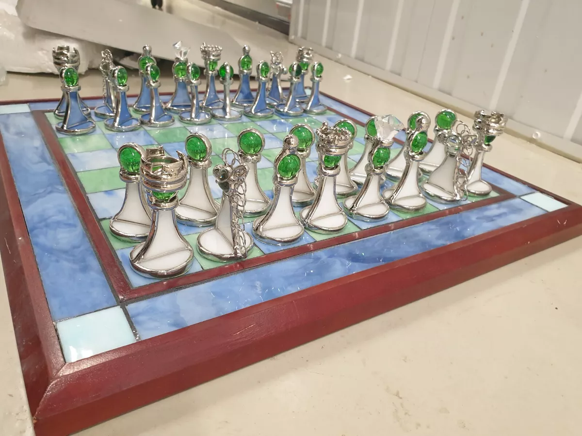 Vintage royal stained glass metal wood chess set game rare retro