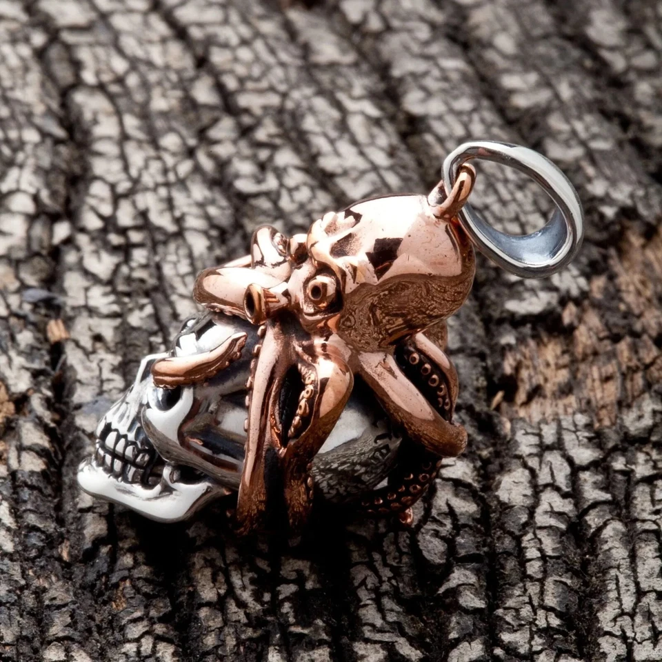 Sterling 925 Silver Skull Copper Octopus Pendant Gothic Biker Devil - Image 2 of 4