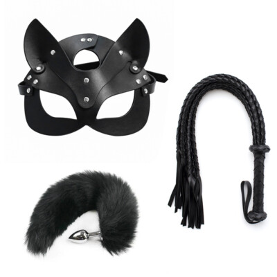 Cosplay Mask Tail Plug Metal Bead Half Cat Party Sexy Spanking Whip Women