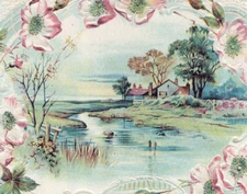 C1880s Victorian Embossed Wild Rose Landscape Reward Merit Teacher Trade Card