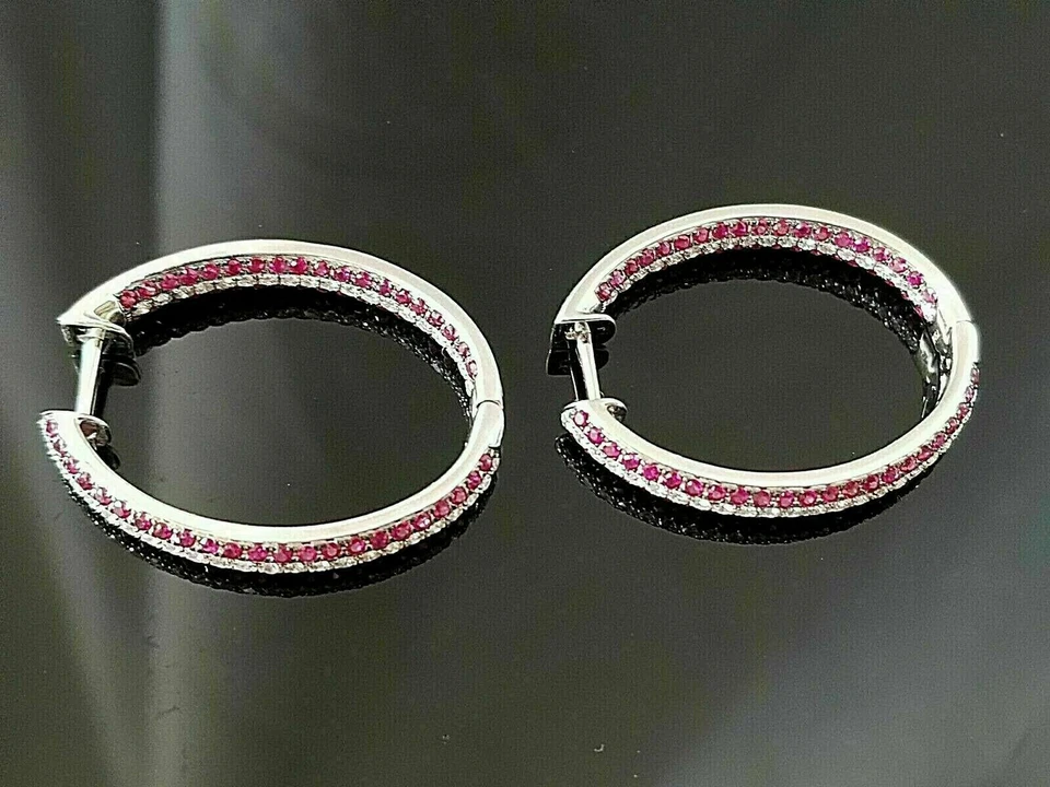 2.50 Ct Round Red Ruby and Diamond Simulated Hoop Earring's 925 Sterling Silver - Image 4 of 4