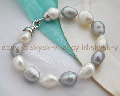 Natural 7-8/8-9/9-10mm Akoya White Gray Freshwater Baroque Pearl Bracelet 7.5''