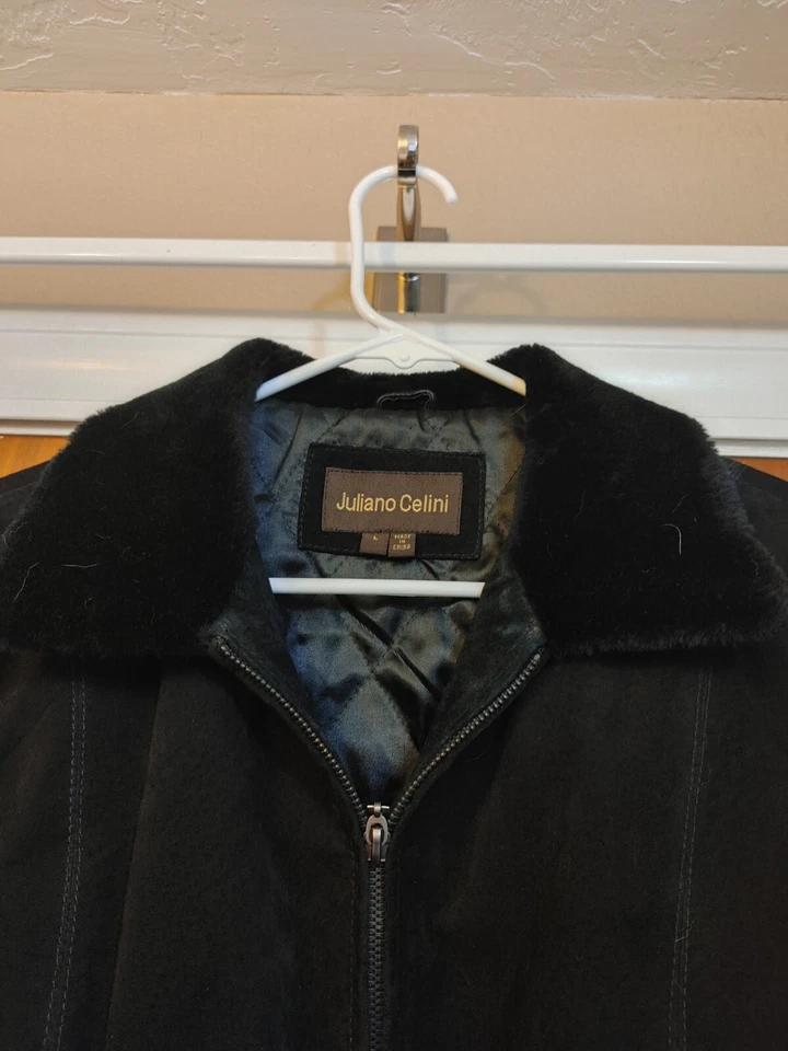 Chaqueta de cuero de gamuza Juliano Celini talla grande negra puños con cuello de piel sintética Foto 3 de 4