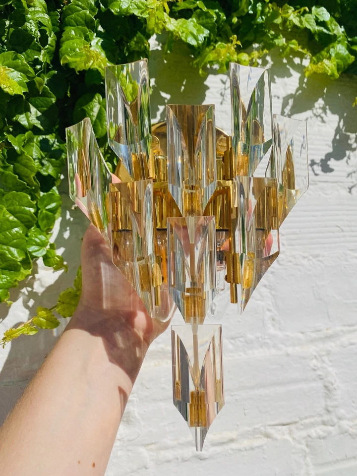 Aplique de pared vintage de mediados de siglo de 7 x 10", geométrico, vidrio, latón dorado, Murano Foto 4 de 4
