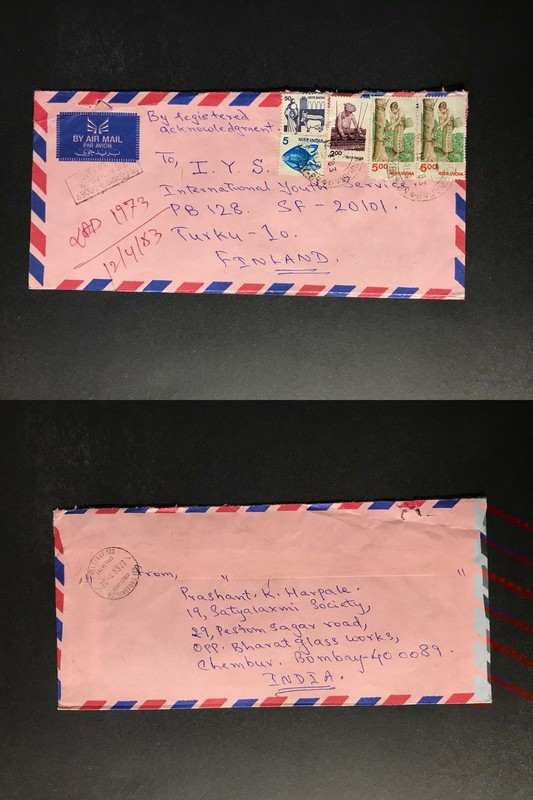 India Registered Cover to Finland City Cancel 1980s-1990s Cover #256