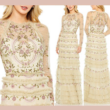 NWT MAC DUGGAL [ 12 ] 8030 Polka Dot Long Sleeve Floral Ruffle Tired Gown J1757