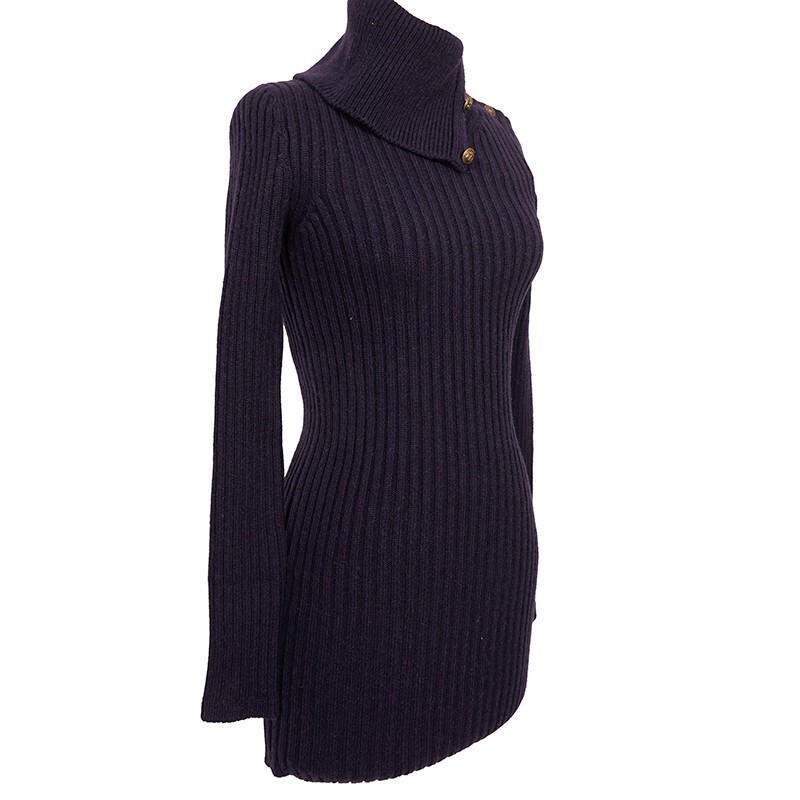 Abito maglione XS NUOVO $1.650 SAINT LAURENT blu scuro capelli cammello collo cappuccio maglia costine