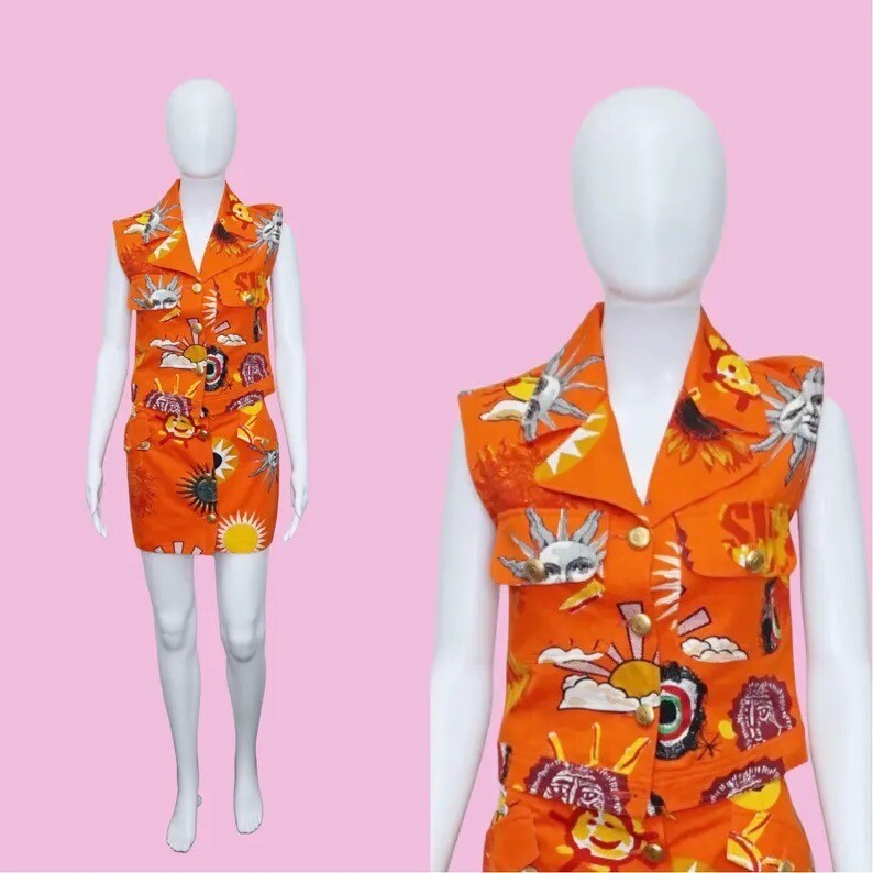 1990s MOSCHINO JEANS Orange Cotton SUN Print SET. Vest