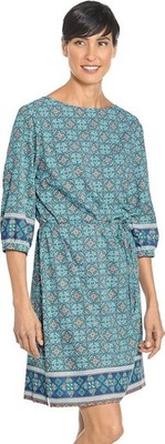 Coolibar UPF50 Tie-Waist Garden Party Dress Blue Spanish Mosaic Tile Moroccan