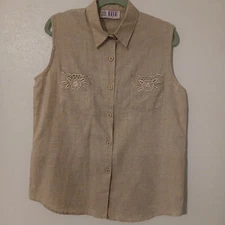 IBI Button-up Blouse Women's Sz L Tan Froral Embroidered Pockets And Upper Back