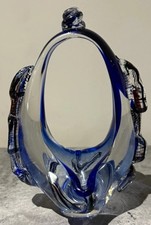 Vintage 70er Jahre Rum&auml;nische Kunst Glas Korb Blau Sommerso Murano Stil Mundgeblasene Schale