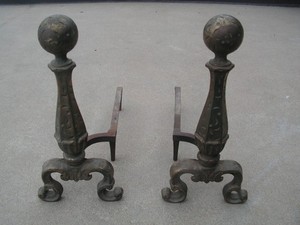 Vintage Pair of Brass Plated Fireplace Andirons Fire Dogs Hammered Cast Iron #18