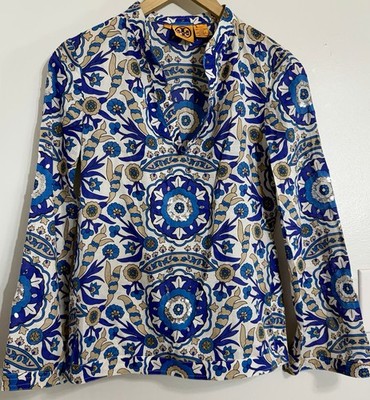 Tory Burch Stephanie Blue Alhambra Cotton Sequin Embellished Tunic Top Size 2