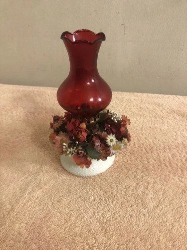 Vintage Milk Glass Miniature Oil Lamp With Red Globe 7” Tall Made In Hong Kong