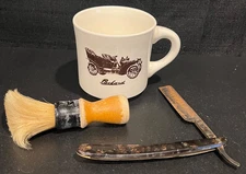 Vintage Shaving Brush, Brummel-Werk Germany Straight Razor, and Packard Mug